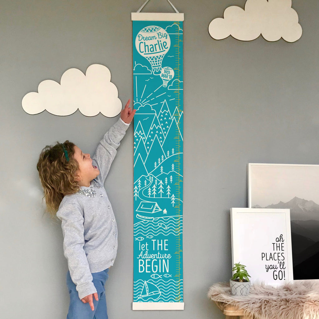 Personalised mountain adventure height chart in blue