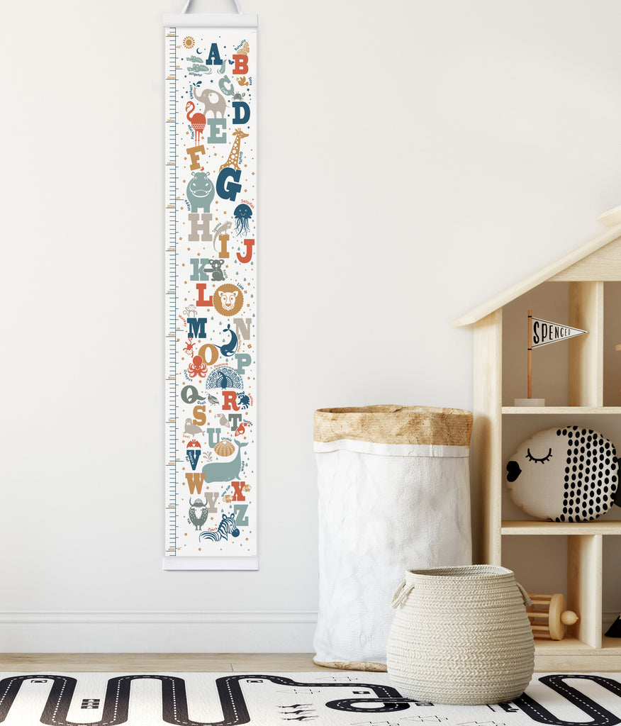 Personalised Animal Alphabet Canvas Height Chart in child's playroom