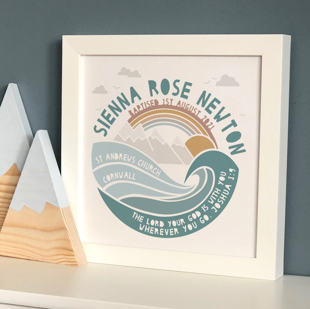 Christening adventure mountain print in natural shades 