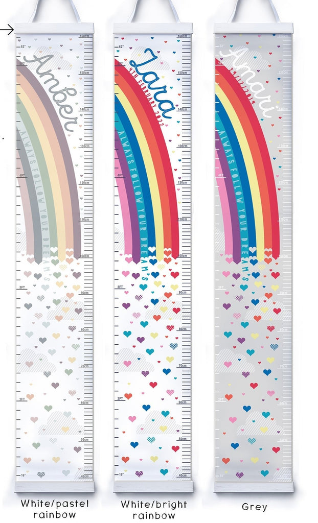 Personalised Rainbow and hearts height chart in pastel and bright