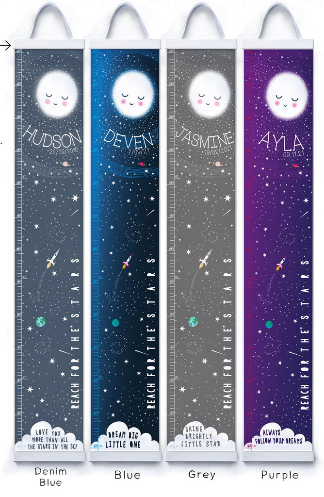 Personalised Moon Reach for the stars height chart in denim blue, blue, grey, purple