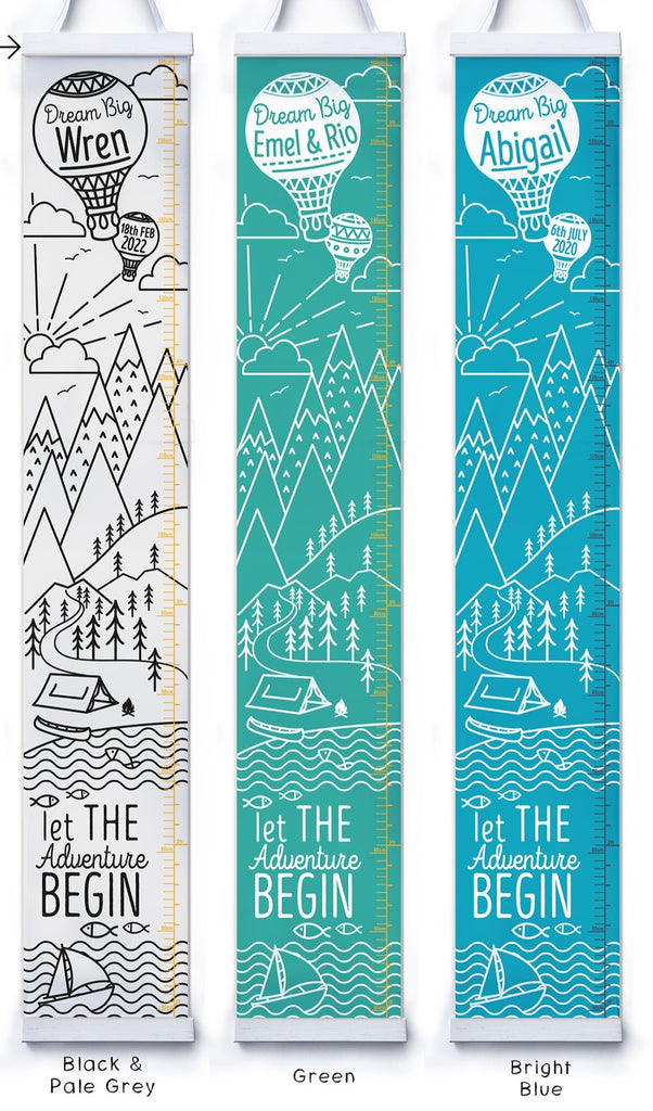 Personalised Mountain Adventure Height chart in monochrome, green and blue