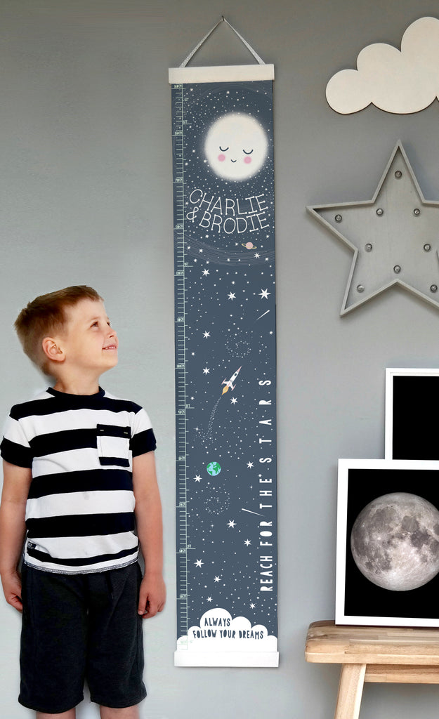 Personalised Moon Reach for the stars height chart in denim blue