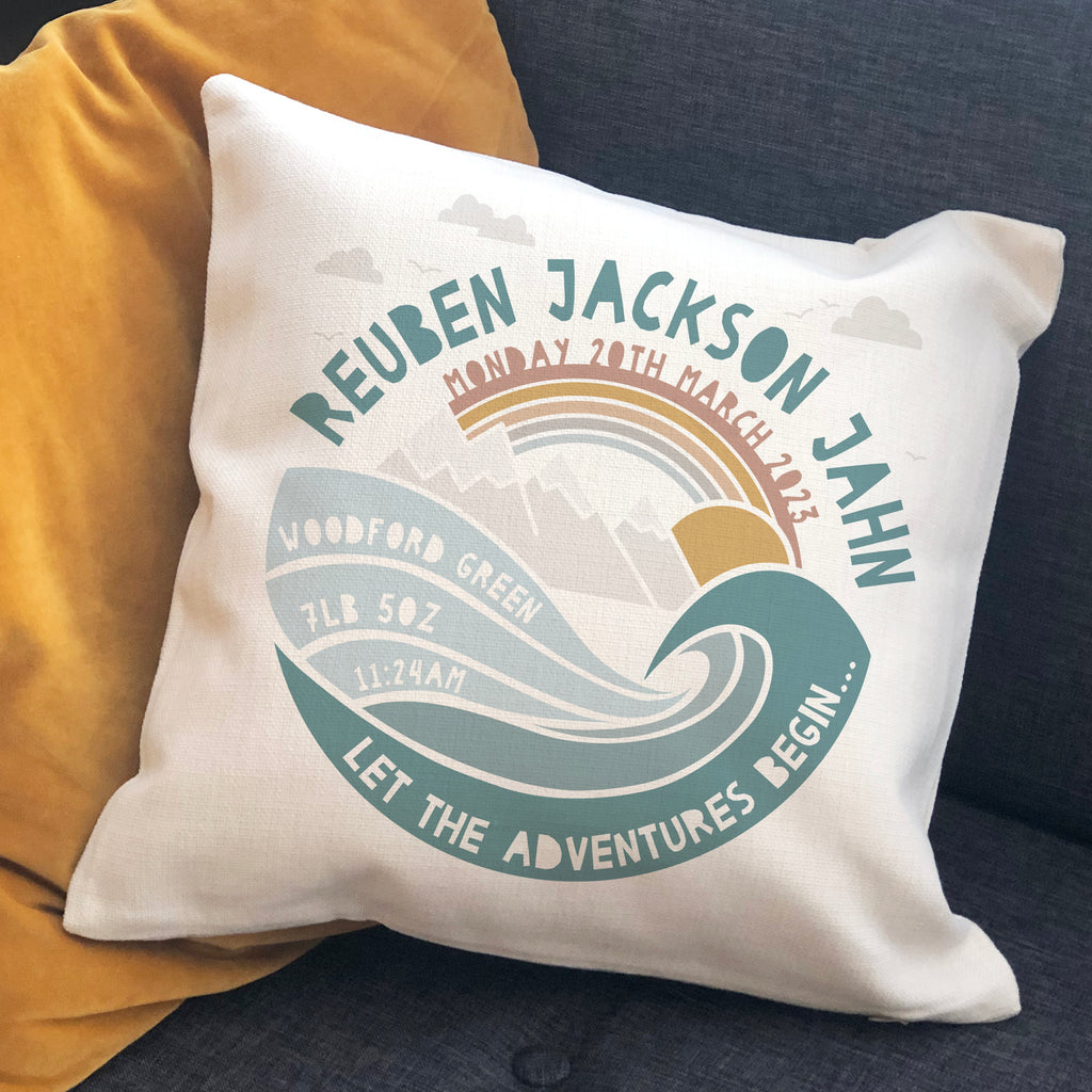Personalised New Baby Mountain Adventure Cushion