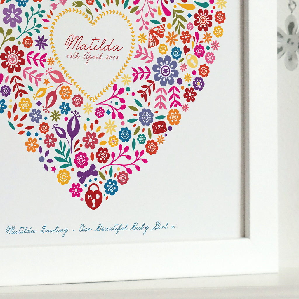 Framed Personalised New Baby Floral Heart Print