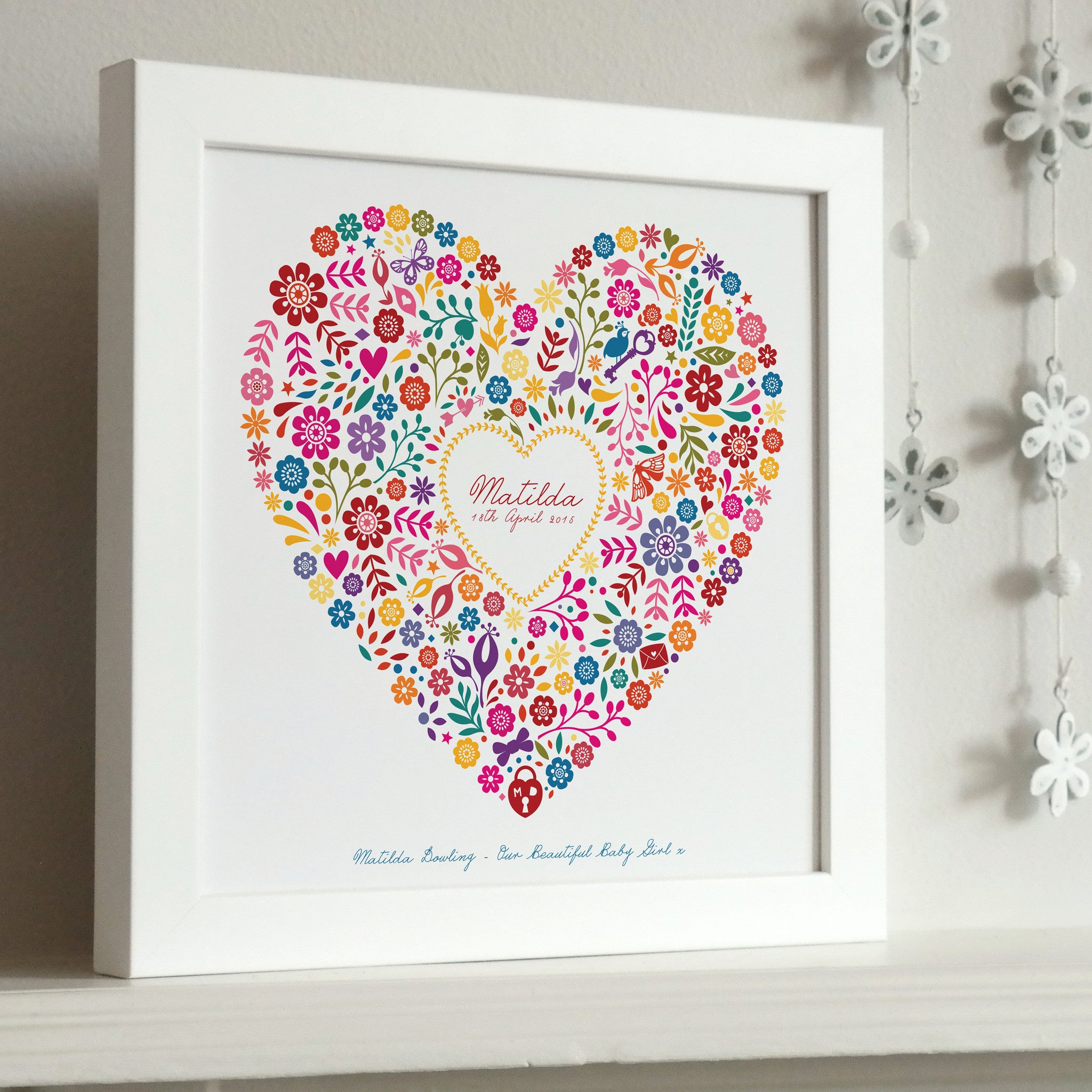 Framed Personalised New Baby Floral Heart Print Pepper Print Shop