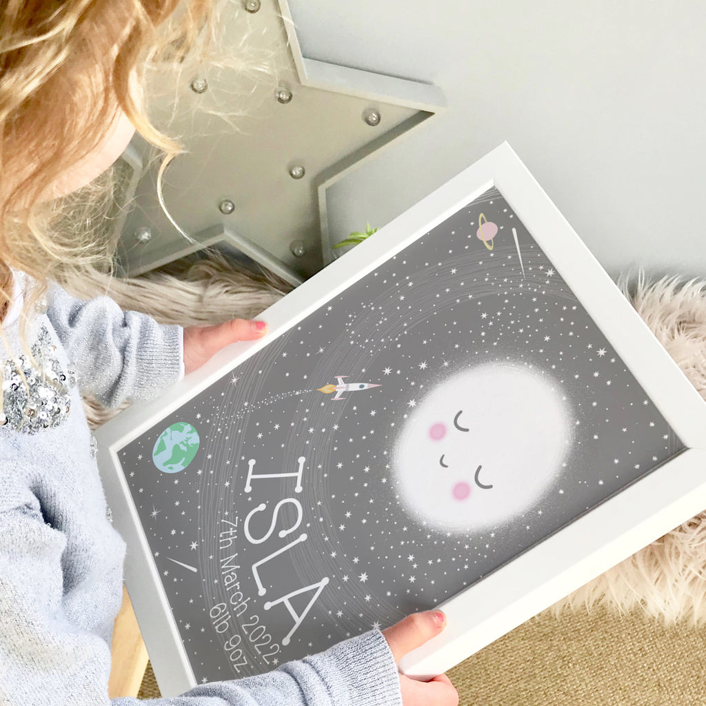 Personalised New Baby Moon And Stars Space Print