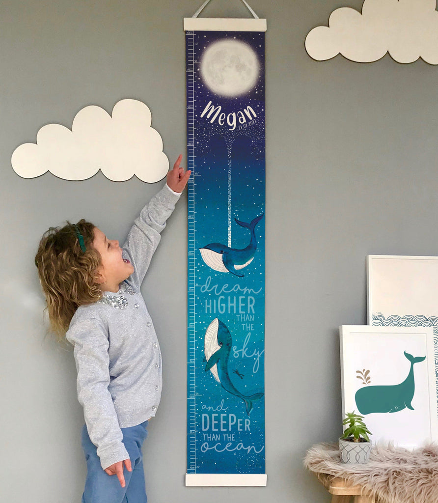 Personalised Ocean whales height chart in Blue