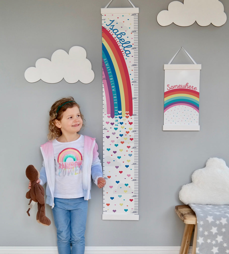 Personalised Rainbow and hearts height chart in bright colours