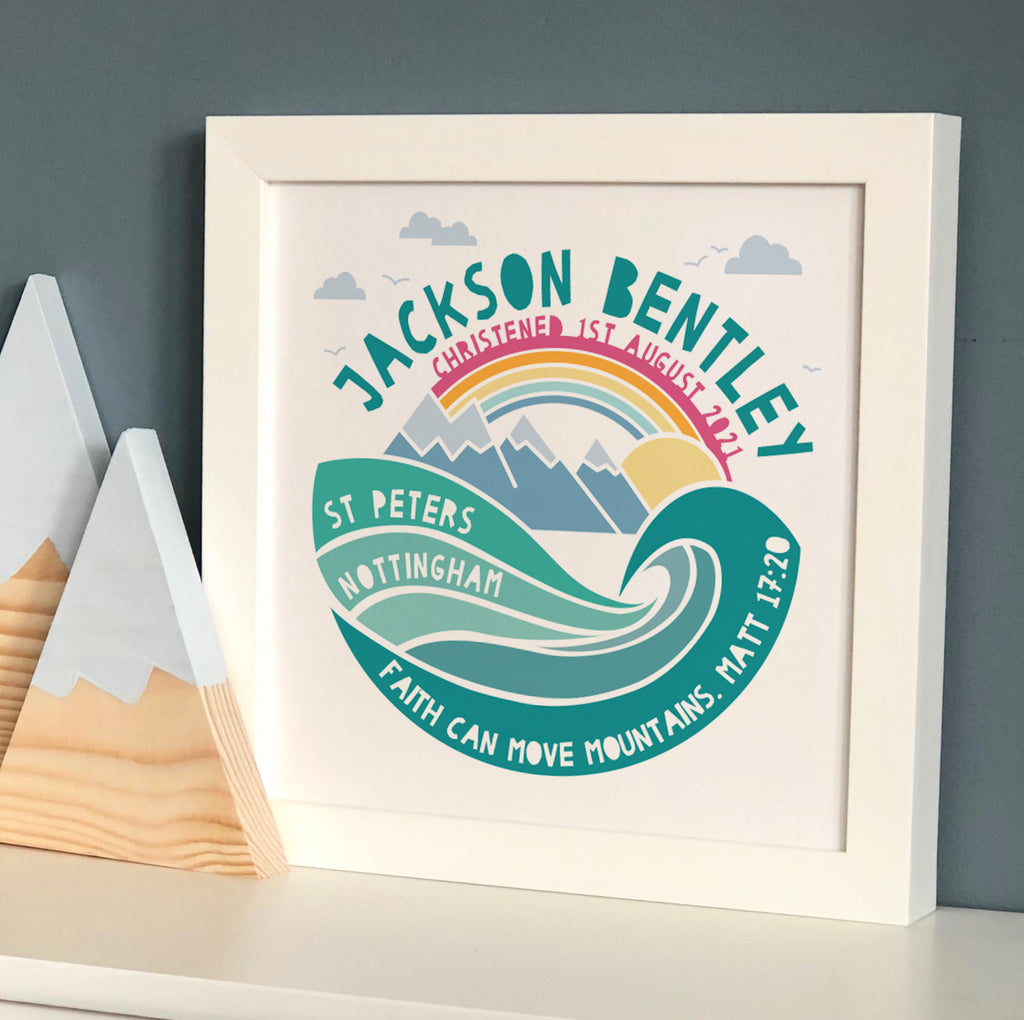 Christening adventure mountain print in shades of green