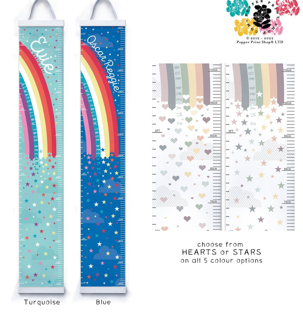 Rainbow and stars Blue Turquoise height chart 