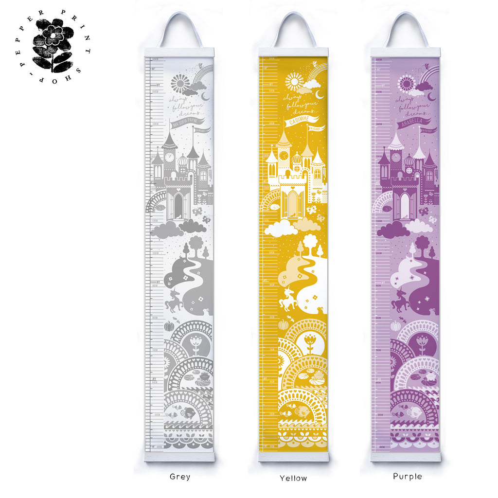 Personalised Fairytale Princess Height chart in Grey, Yellow, Purple