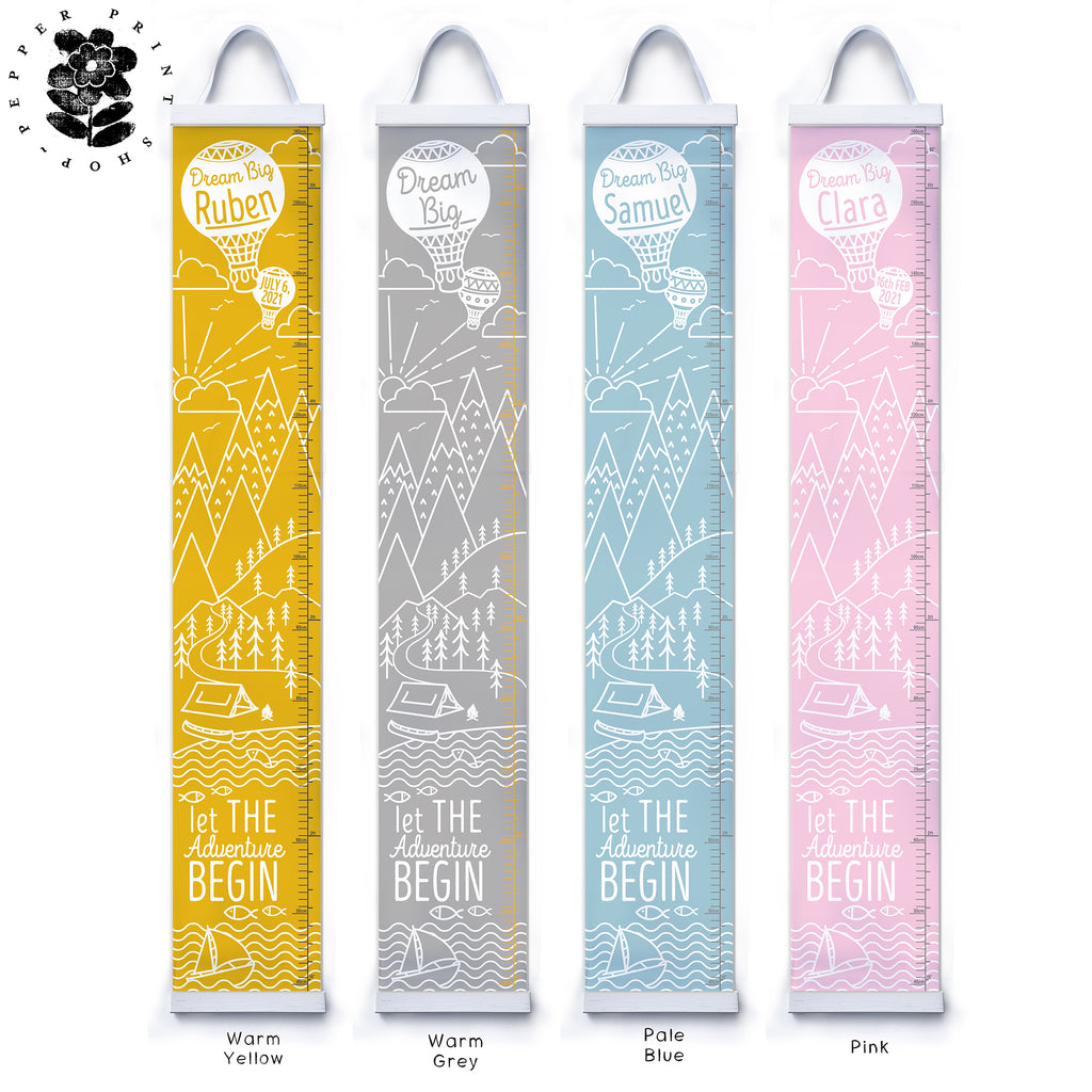 Personalised Mountain Adventure Height chart in yellow. grey, blue and pink