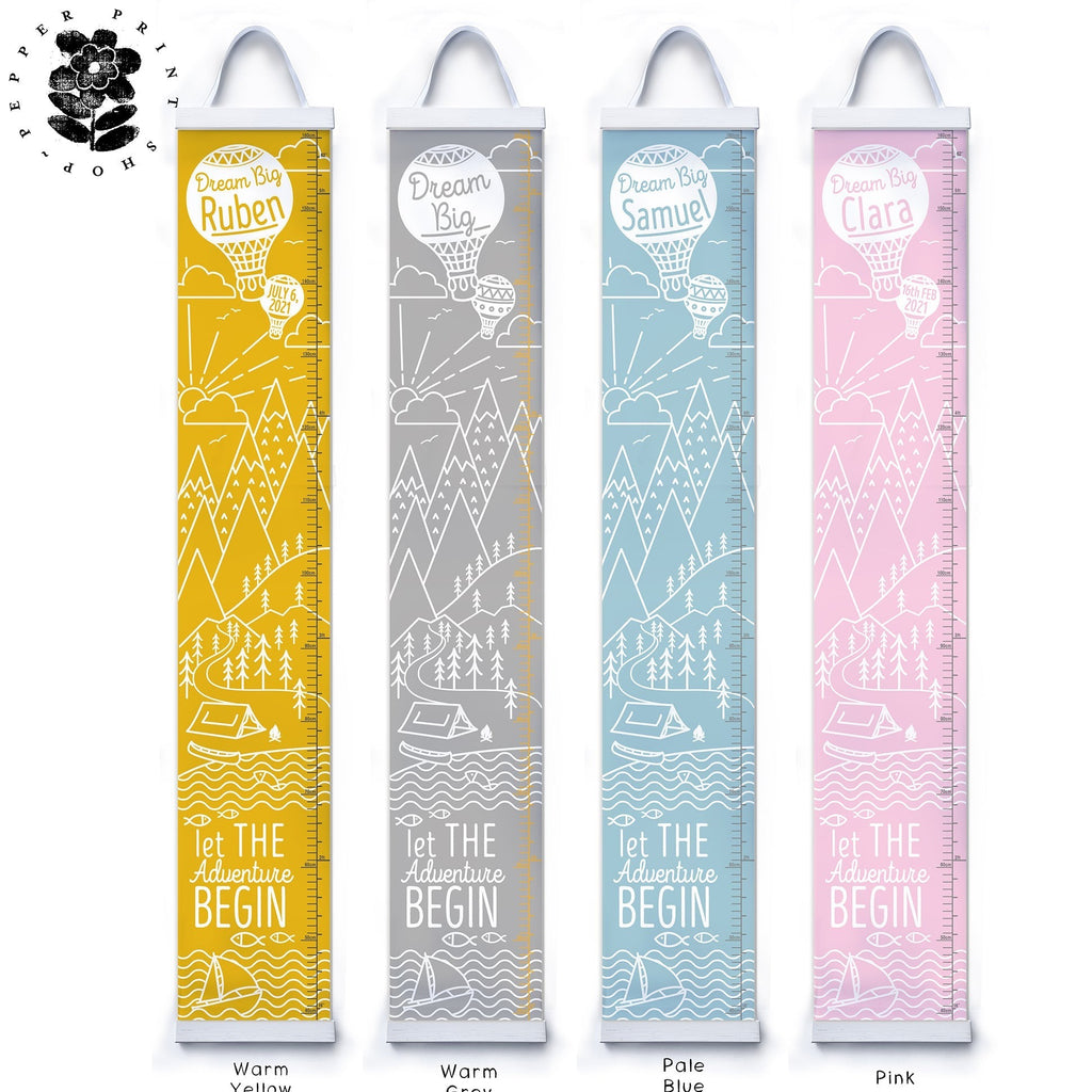Mountain Adventure Height chart in yellow, grey, pale blue and pink