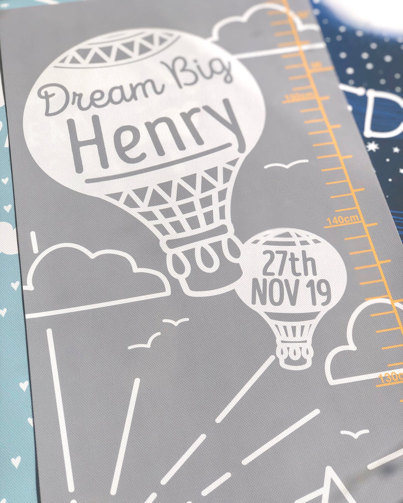 Closeup of Personalised Mountain Adventure Height chart in grey