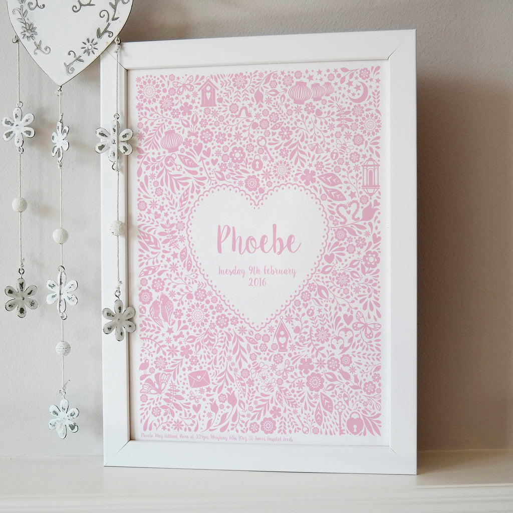 Personalised New Baby Floral Heart Print