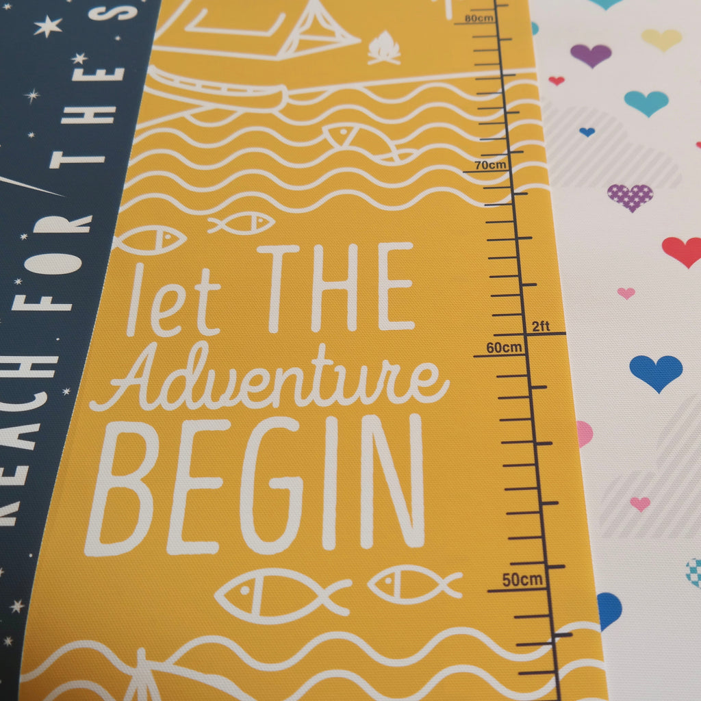 Closeup Personalised Mountain Adventure Height chart in warm yellow