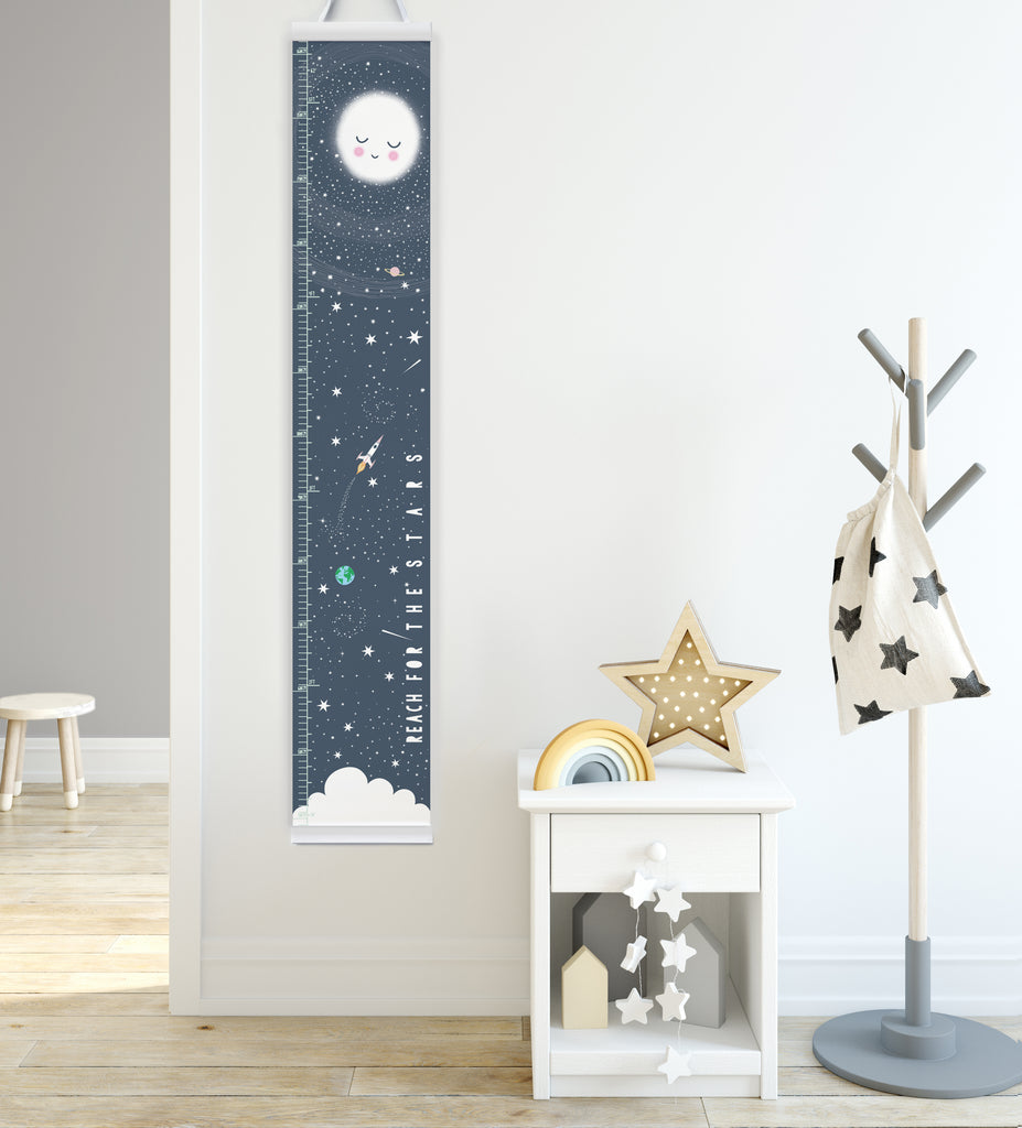 Space and Moon themed Reach for the stars height chart in denim blue