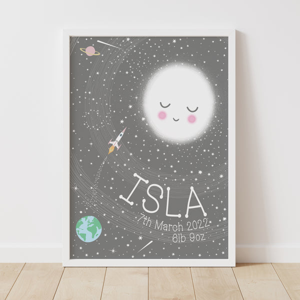 Personalised New Baby Moon And Stars Space Print