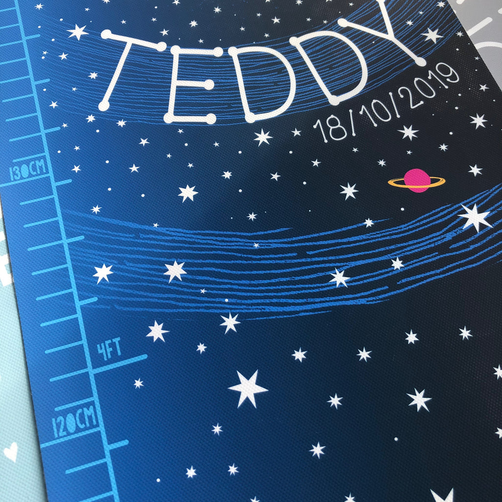 Closeup Personalised Moon Reach for the stars height chart in blue