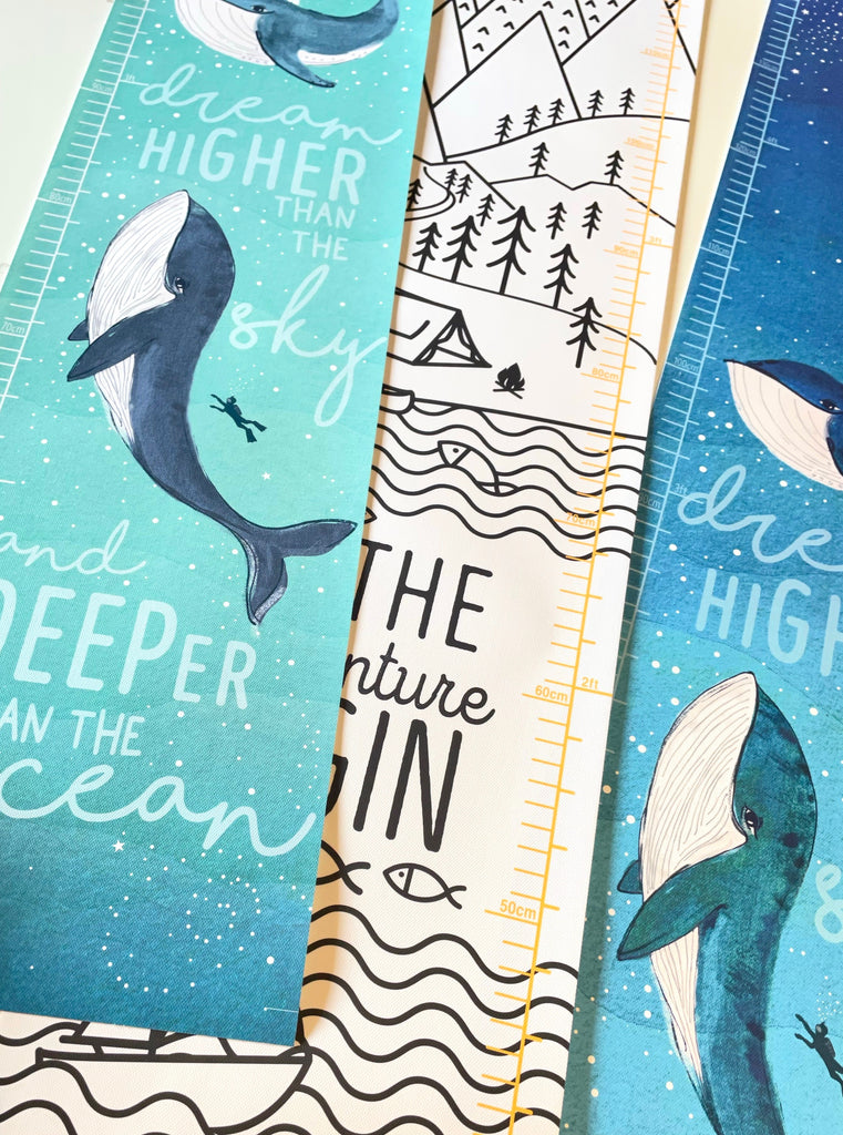 Personalised Ocean whales height chart in blue and turqouiseise